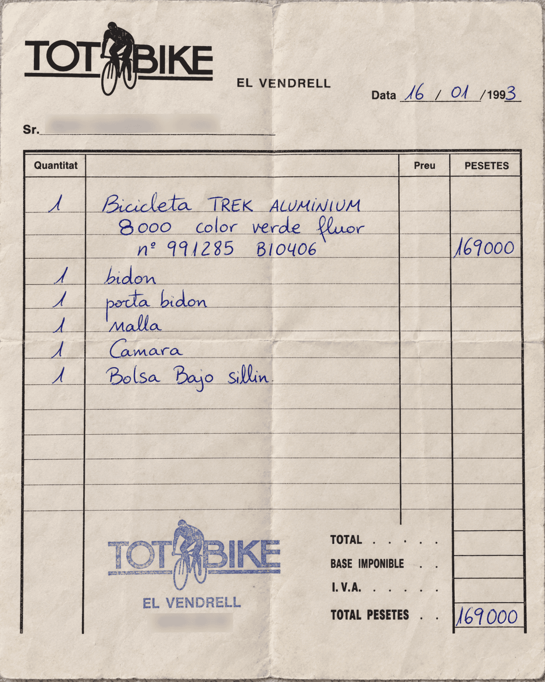 Factura original de compra de mi Trek 8000, fechada el 16 de enero de 1993, conservada en el archivo personal de ZonaMTB
