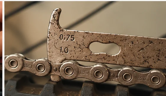 Detalle de medidor y eslabones de cadena MTB
