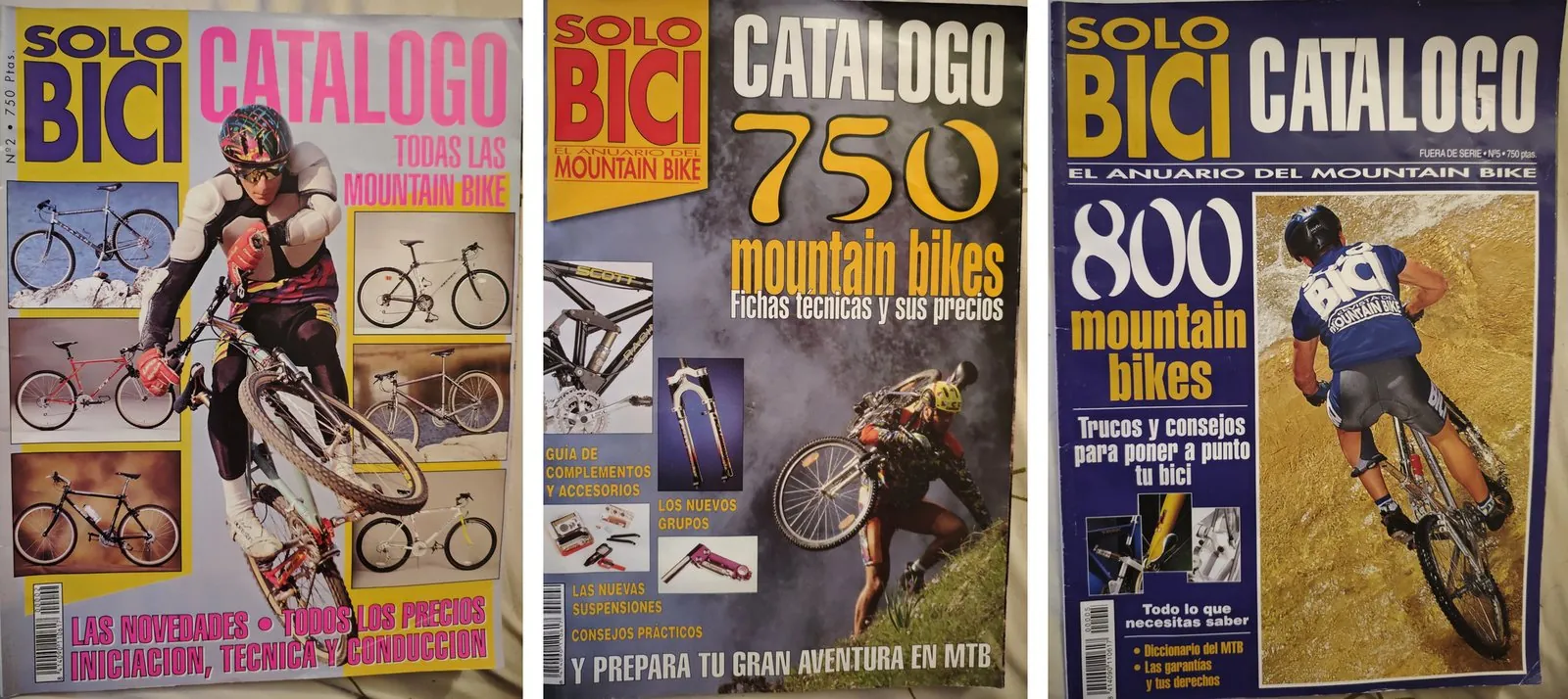 Portadas de los catálogos de Solo Bici n.º 2, n.º 4 y n.º 5, con el precio de 750 pesetas