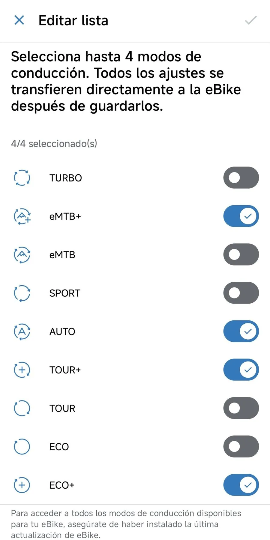 Pantalla de la aplicación eBike Flow para elegir hasta cuatro modos de conducción, con eMTB+, AUTO, TOUR+ y ECO+ activados