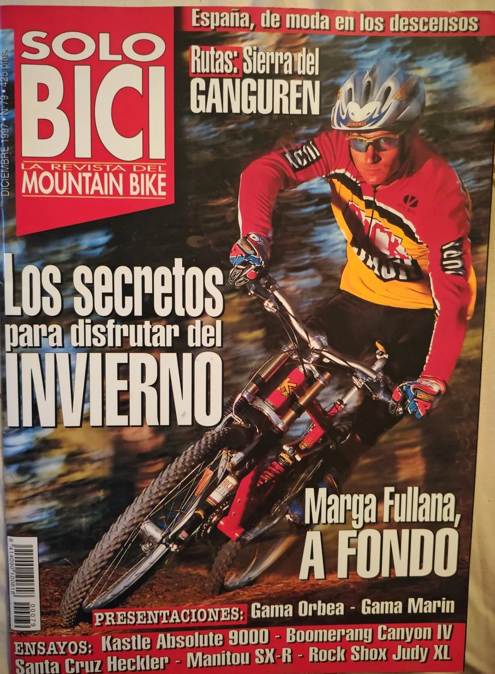 Portada de Solo Bici n.º 79, de diciembre de 1997, con un ciclista bajando y los titulares «Los secretos para disfrutar del invierno» y «Marga Fullana, a fondo»