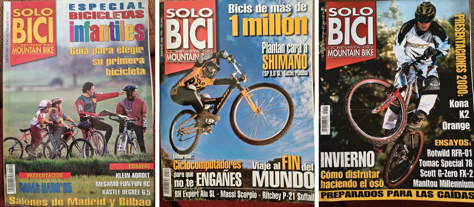 Tres portadas de Solo Bici: n.º 44 (enero de 1995), n.º 81 (febrero de 1998) y n.º 104 (enero de 2000)