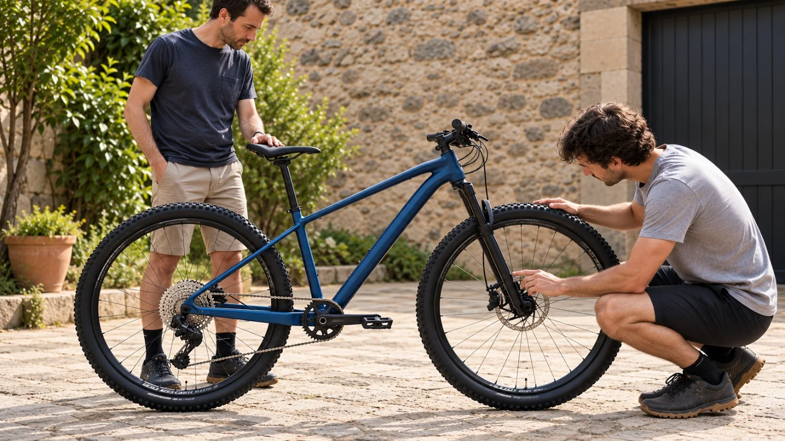 Dos personas inspeccionando una bicicleta de montaña rígida de segunda mano antes de comprarla