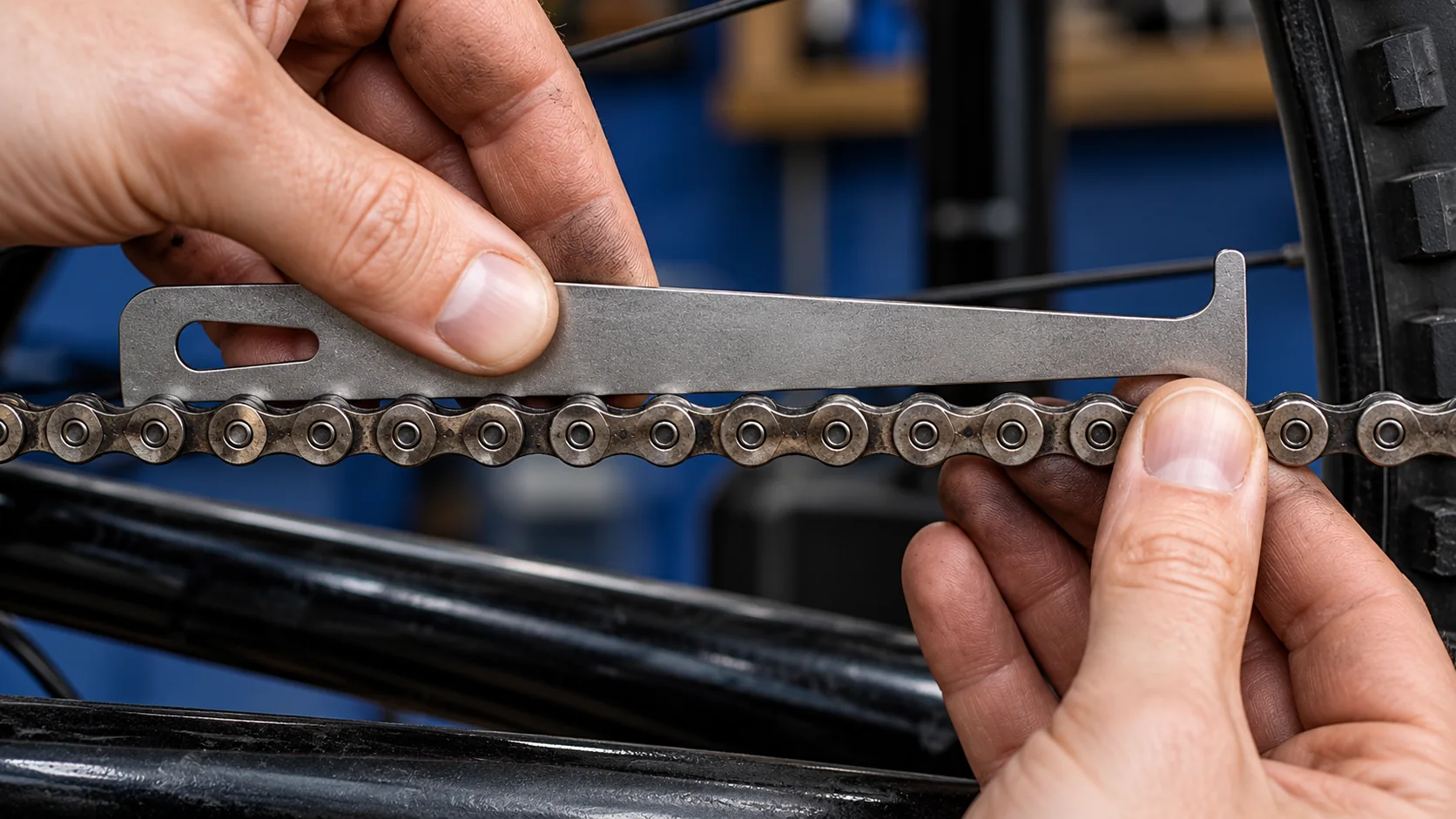 Comprobación del desgaste de una cadena de bicicleta de montaña mediante un medidor metálico